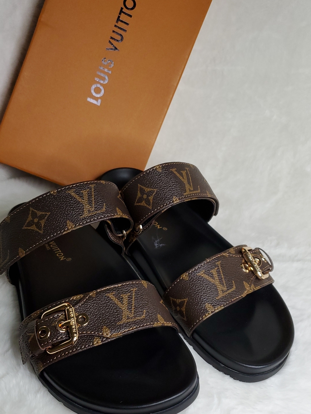 LV Brown Monogram Double-Strap  Leather Slide Sandals